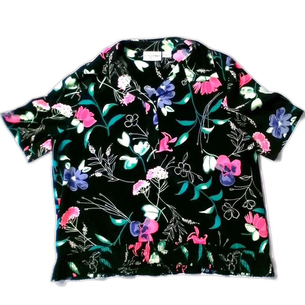 Alfred Dunner Petite 16 Top Black Floral Short Sleeve Blouse Collared Shirt